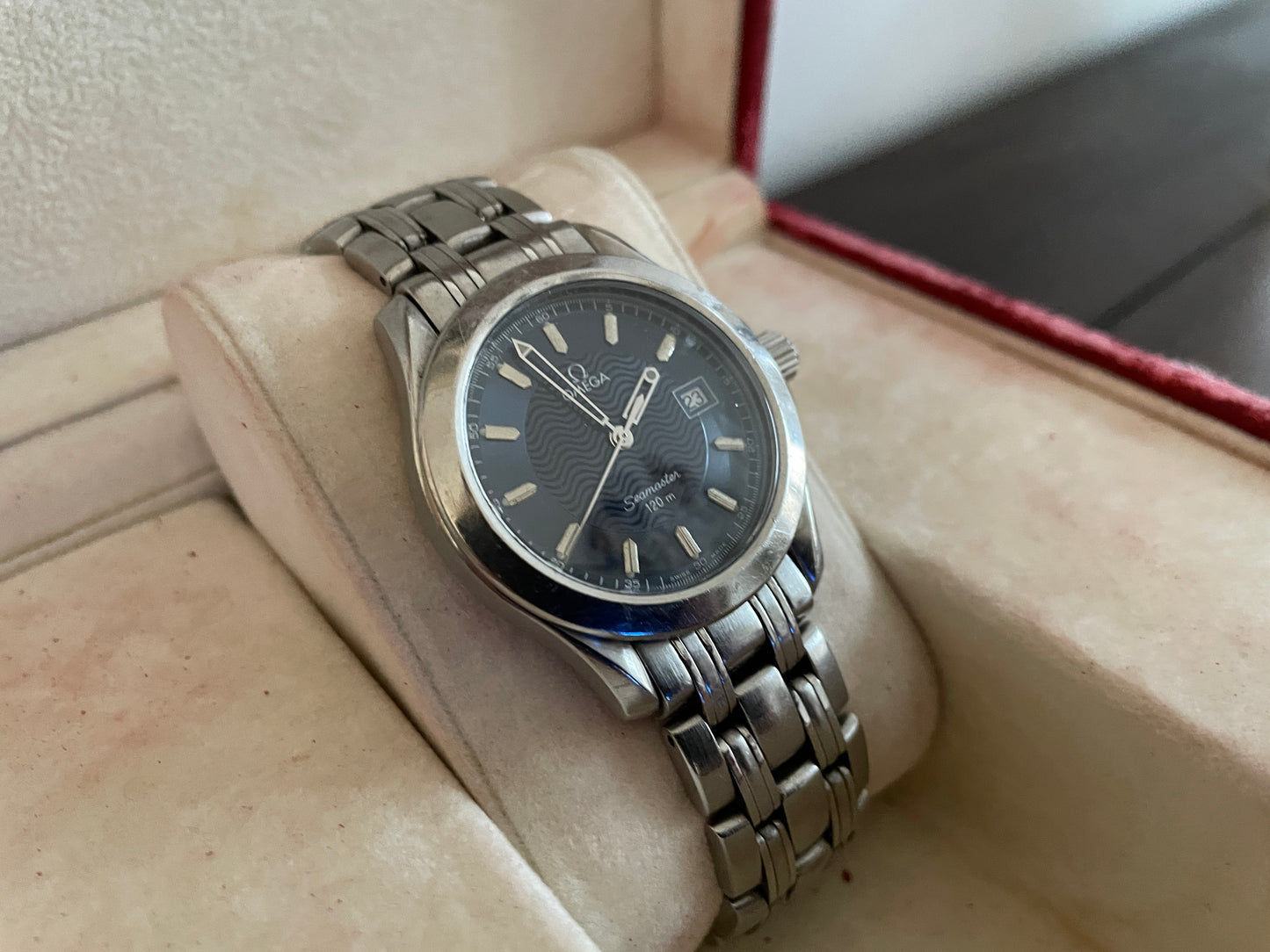 MENS OMEGA SEAMASTER 120M SS QUARTZ WATCH BLUE DIAL BOX PAPERS