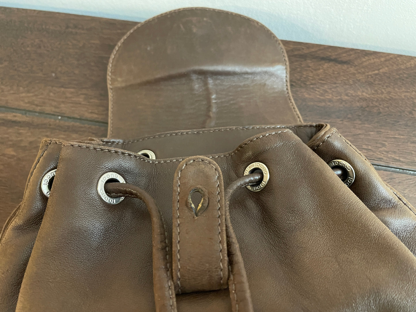 VINTAGE GUCCI DARK BROWN LEATHER BACKPACK BAG BAMBOO LINE !NICE SHAPE!