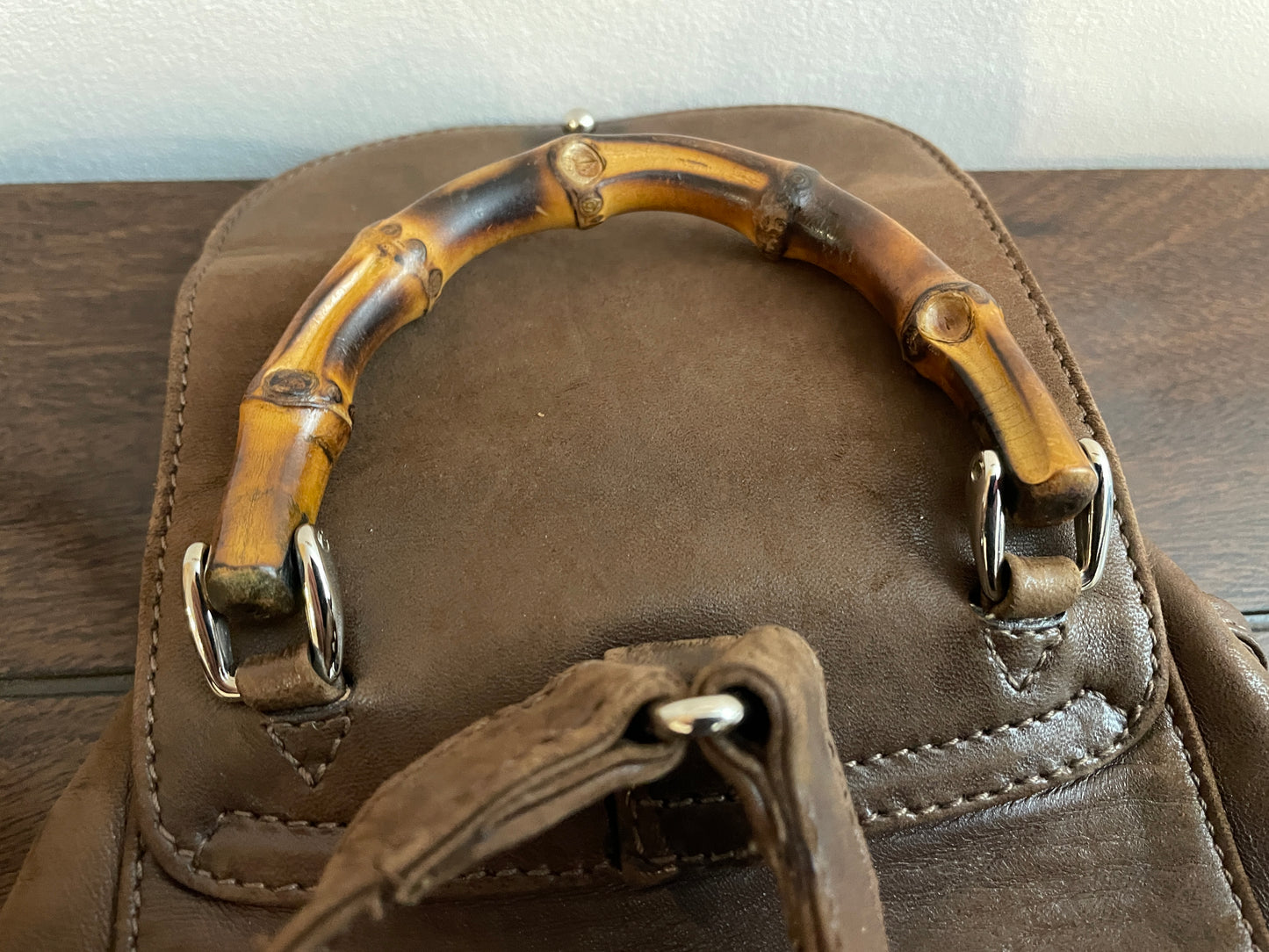 VINTAGE GUCCI DARK BROWN LEATHER BACKPACK BAG BAMBOO LINE !NICE SHAPE!